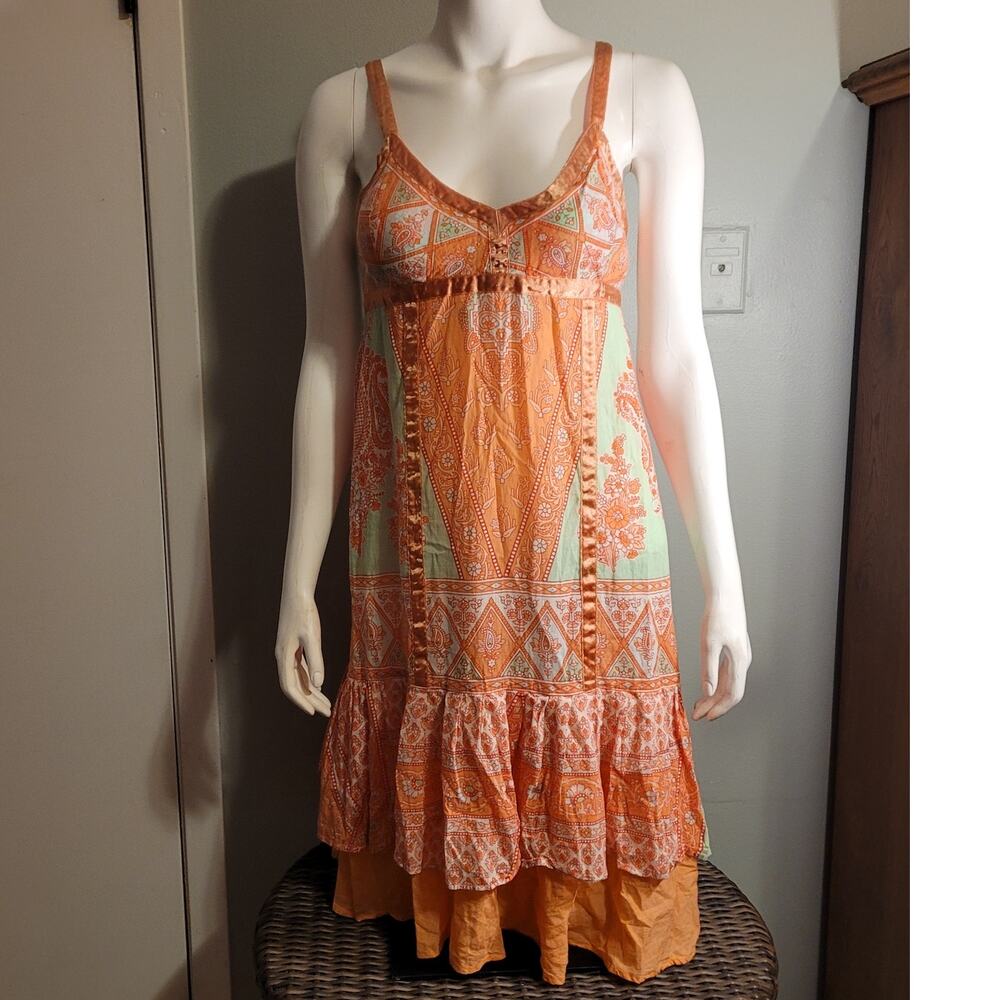 Chaudry Patchwork Midi Dress Small Boho Festival Flowy Ruffle Hem Orange - Picture 2 of 13